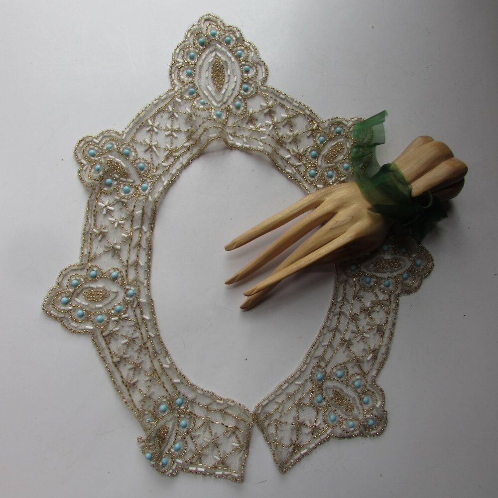 SALE Amazing Vintage Beaded Collar Gold Metallic Thread Turquoise Beads